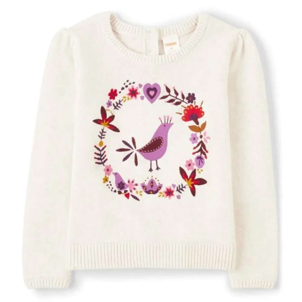 Gymboree Girls Purple Birds & Flowers Embroidery Wreath Knit Sweater Size 7 NEW